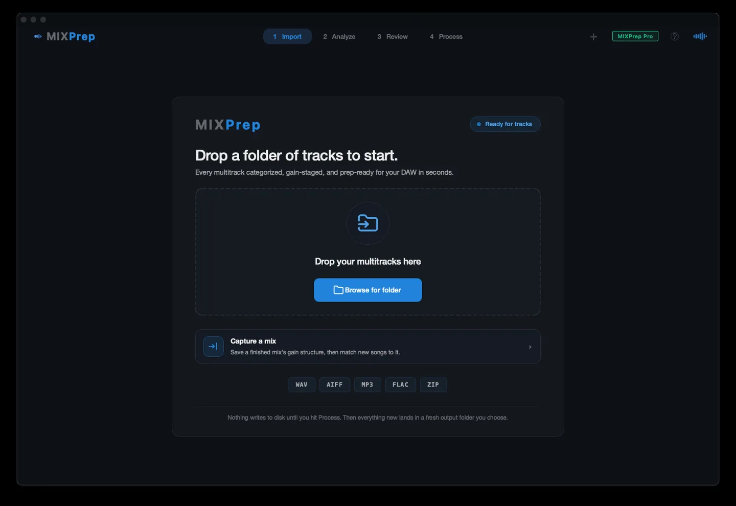 MIXPrep import screen with a drag-and-drop zone for multitracks