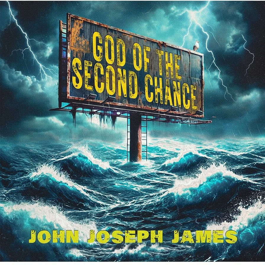 God of the Second Chance album art: a rusted billboard standing in a storm at sea