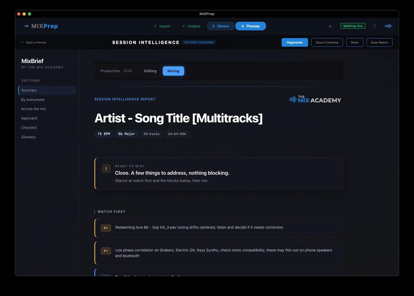 MIXBrief Session Intelligence Report header