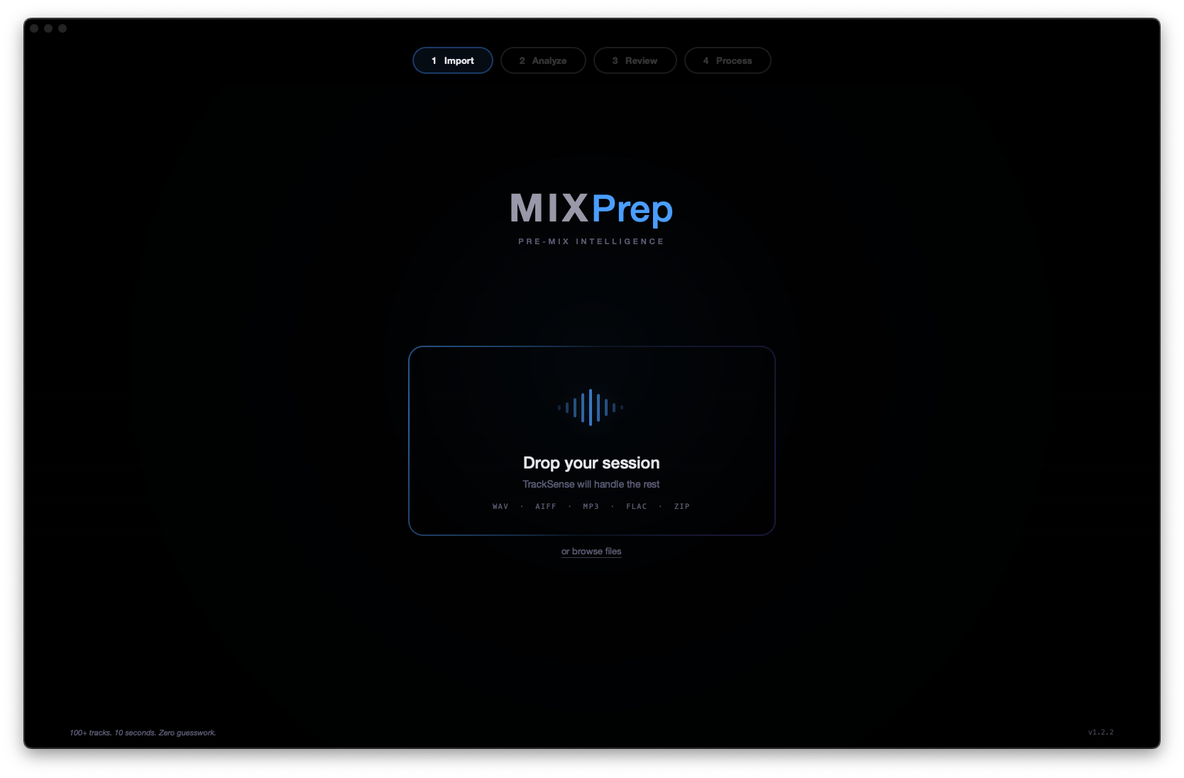 MIXPrep drop screen — clean landing screen with drag-and-drop zone