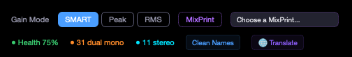 MIXPrep gain mode bar showing SMART, Peak, RMS, and MixPrint modes