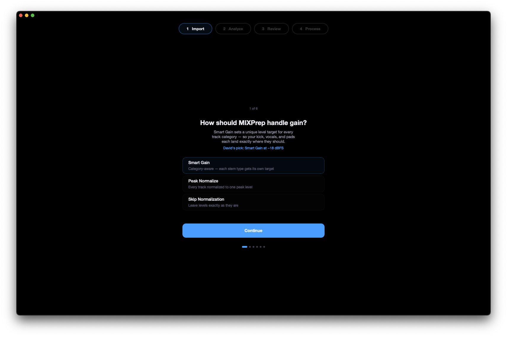 MIXPrep SMART Gain mode selection — choose between SMART, Peak, and RMS gain staging