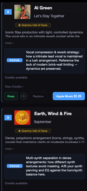 MIXRef reference cards showing Al Green and Earth Wind & Fire matches