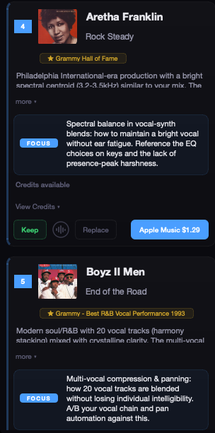 MIXRef reference cards showing Aretha Franklin and Boyz II Men matches