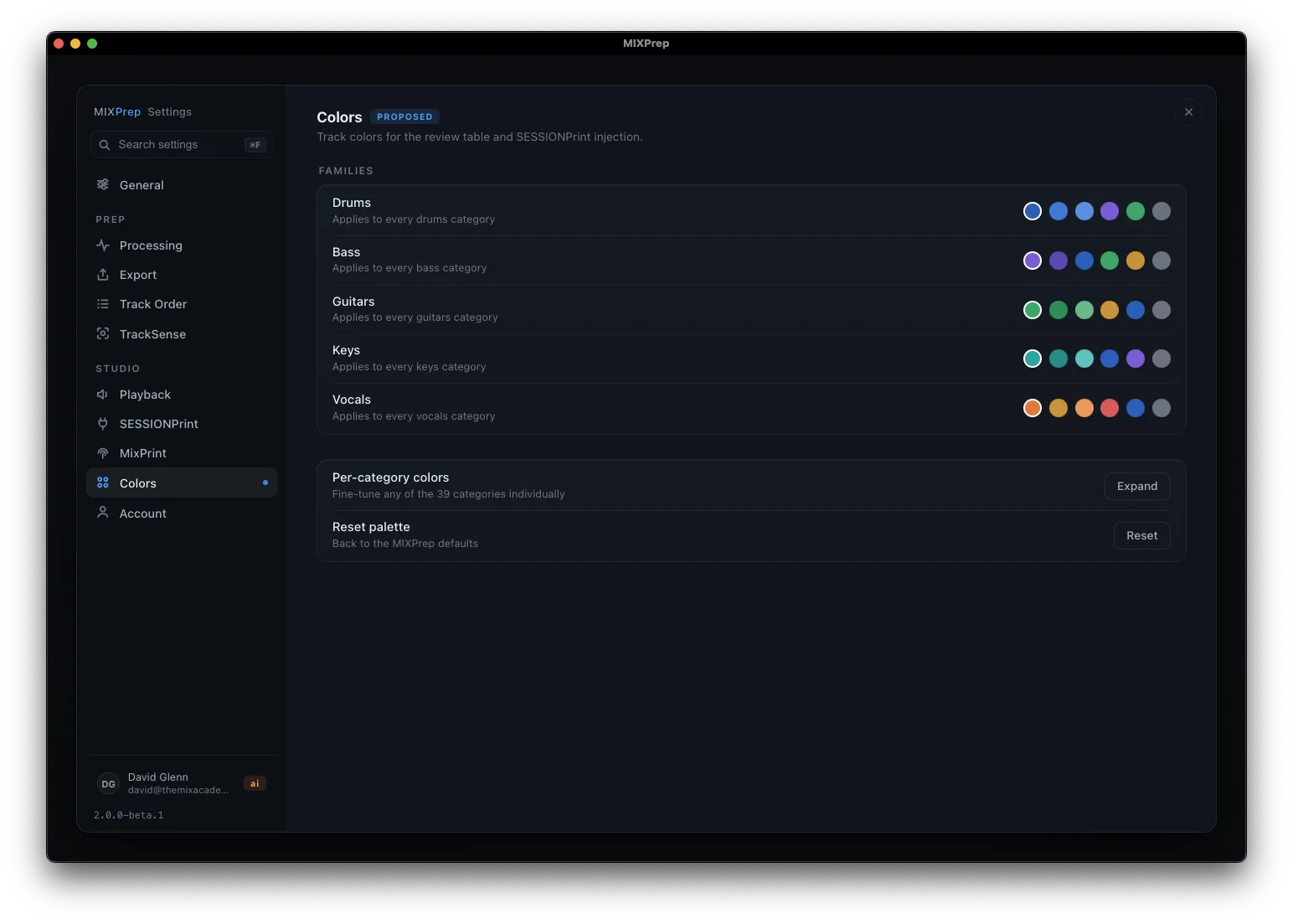 MIXPrep settings: per-category color palette