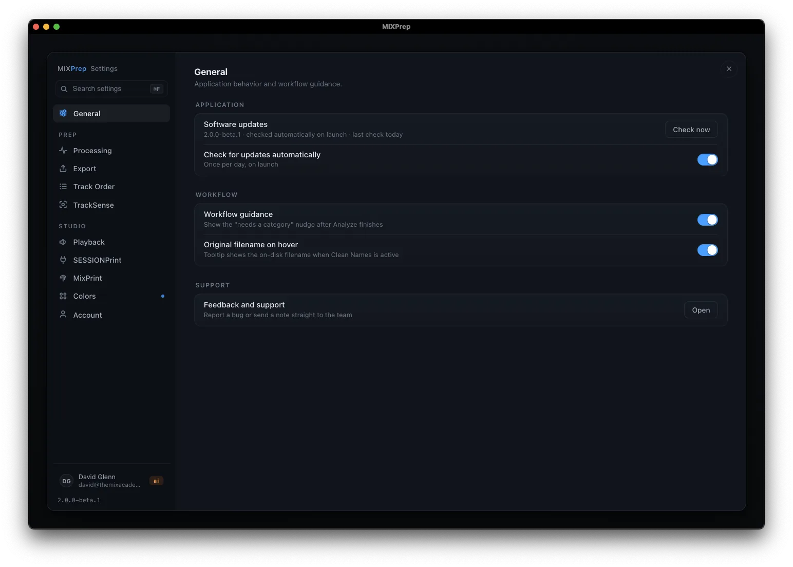 MIXPrep settings: general preferences