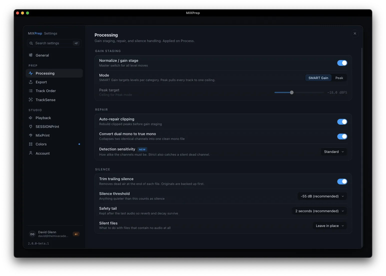 MIXPrep settings: processing and gain options