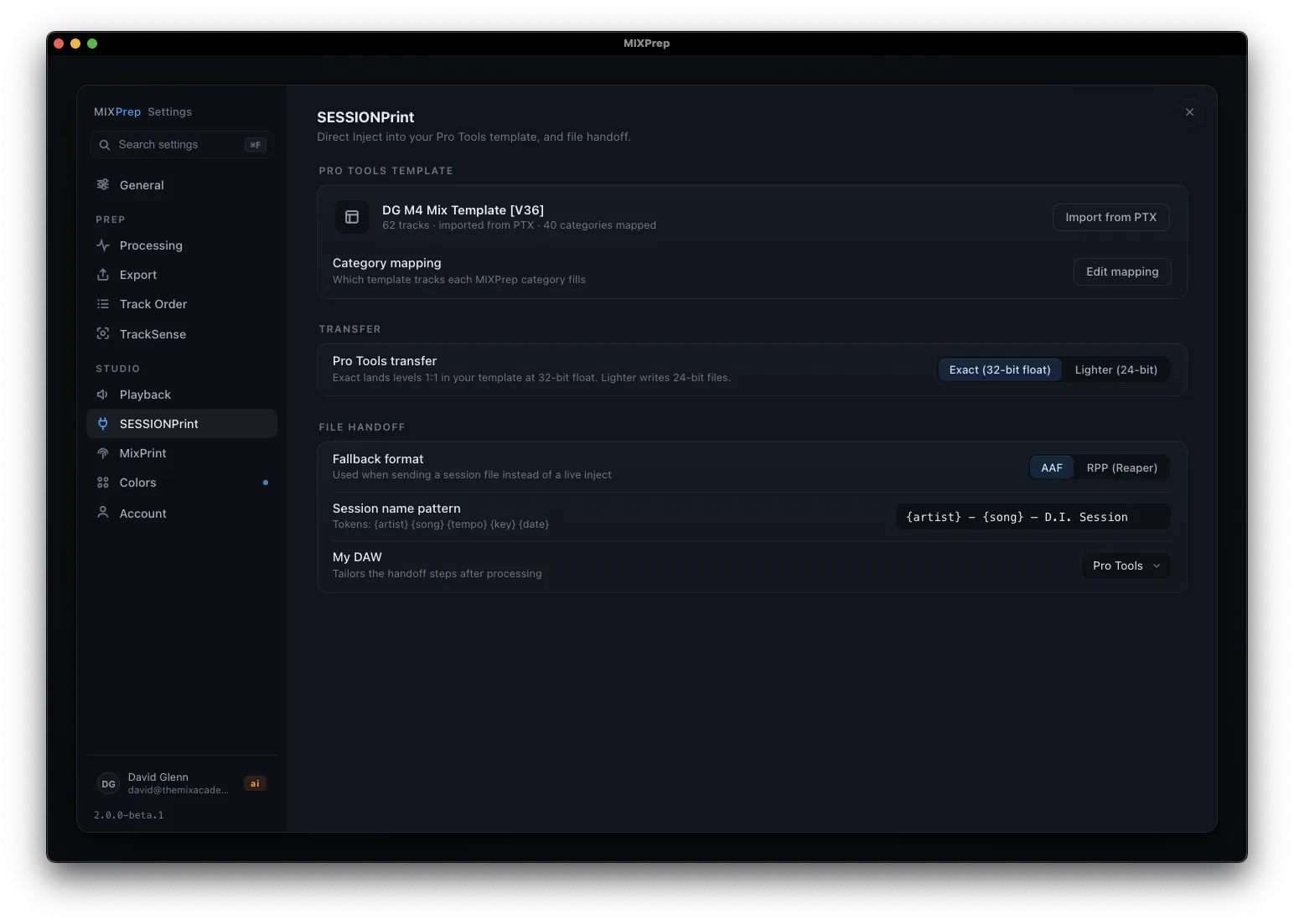 MIXPrep settings: SESSIONPrint and Direct Inject defaults