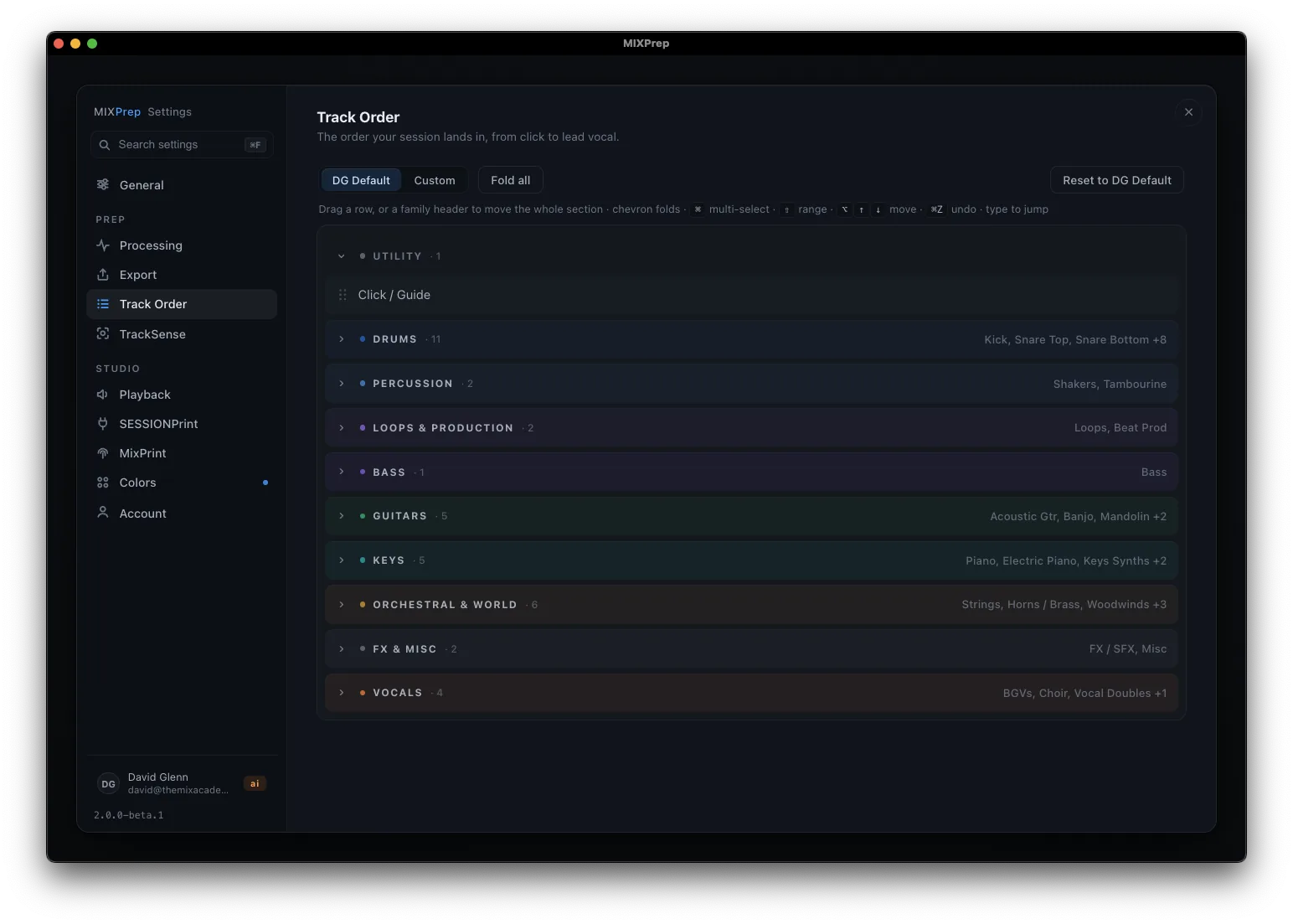 MIXPrep settings: custom track order with your own category colors