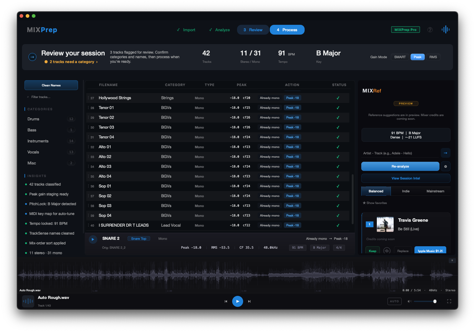 Clean, categorized tracks after MIXPrep TrackSense