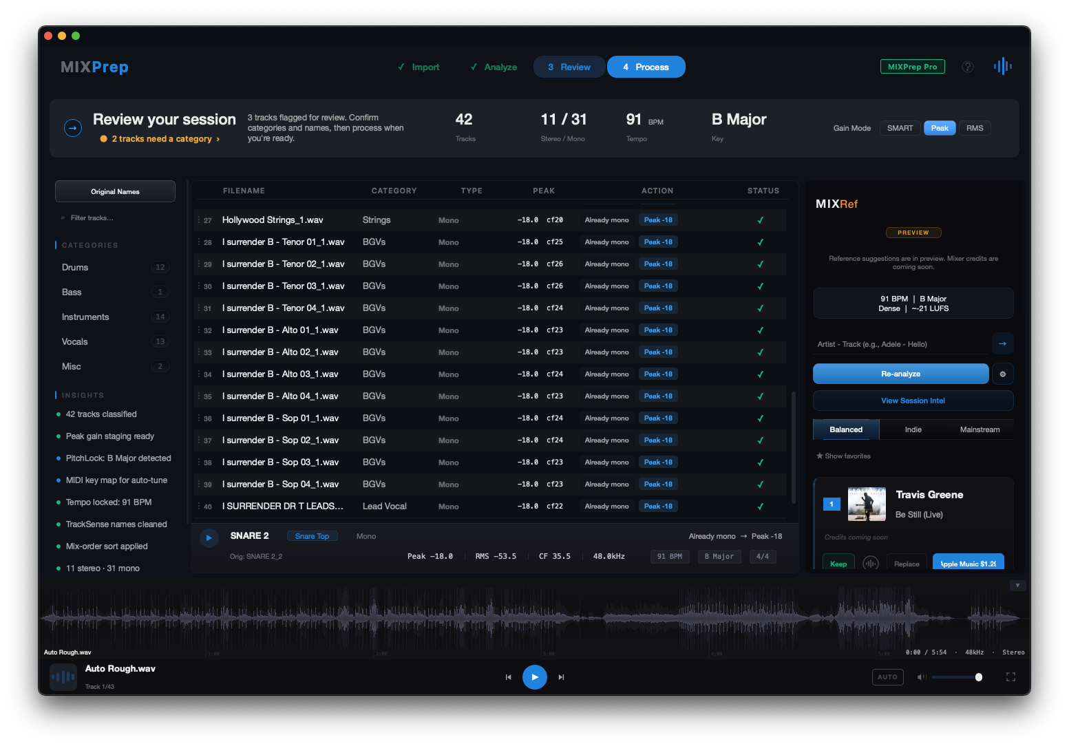 Raw DAW filenames before MIXPrep TrackSense