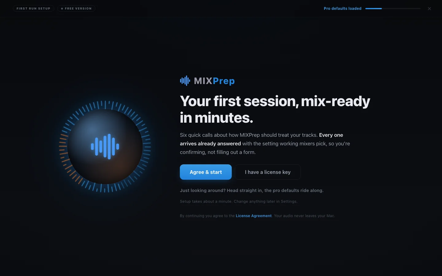 MIXPrep's new session screen: drop a folder of tracks to start, or start from the outcome you're after