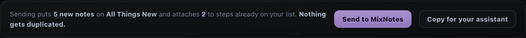 The send strip: five new notes onto All Things New, two attached to steps already on the list, nothing duplicated — Send to MIXNotes or Copy for your assistant