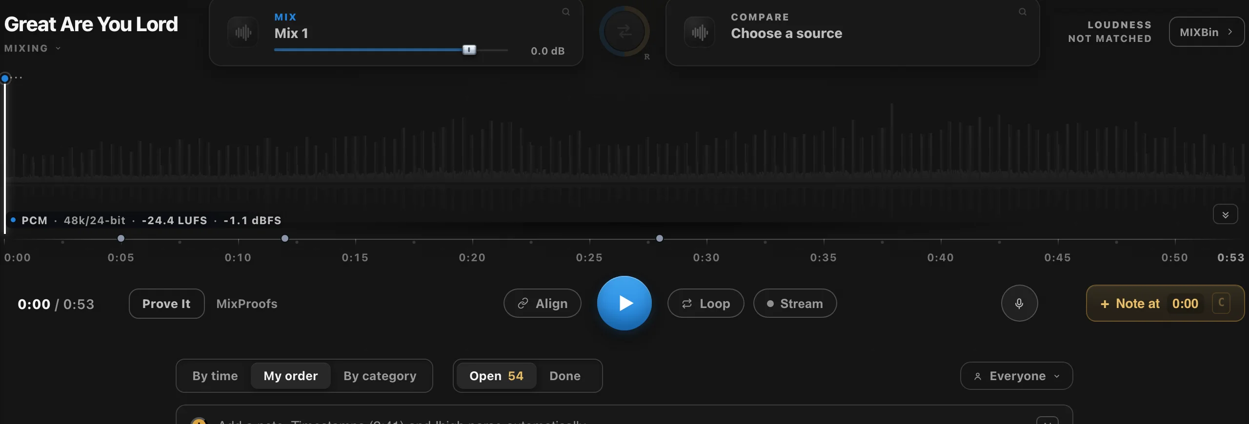 MIXNotes transport: the waveform with note markers pinned to it, an honest A and B, and note capture at the playhead