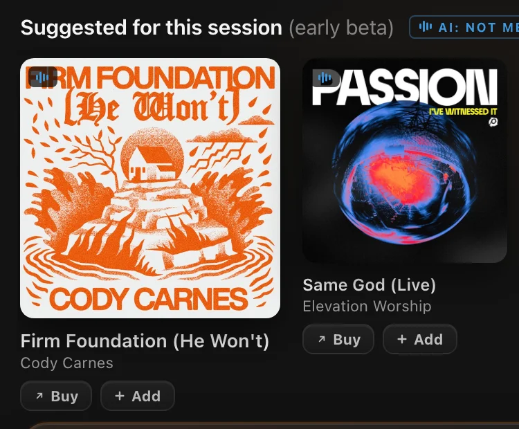Suggested records with real album artwork and Buy and Add buttons