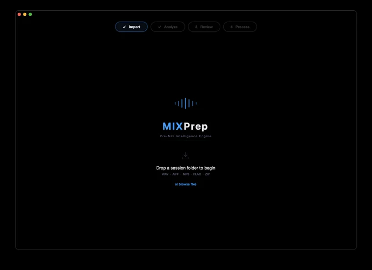 MIXPrep in April 2026: the Pre-Mix Intelligence Engine launch screen, four steps and a drop zone
