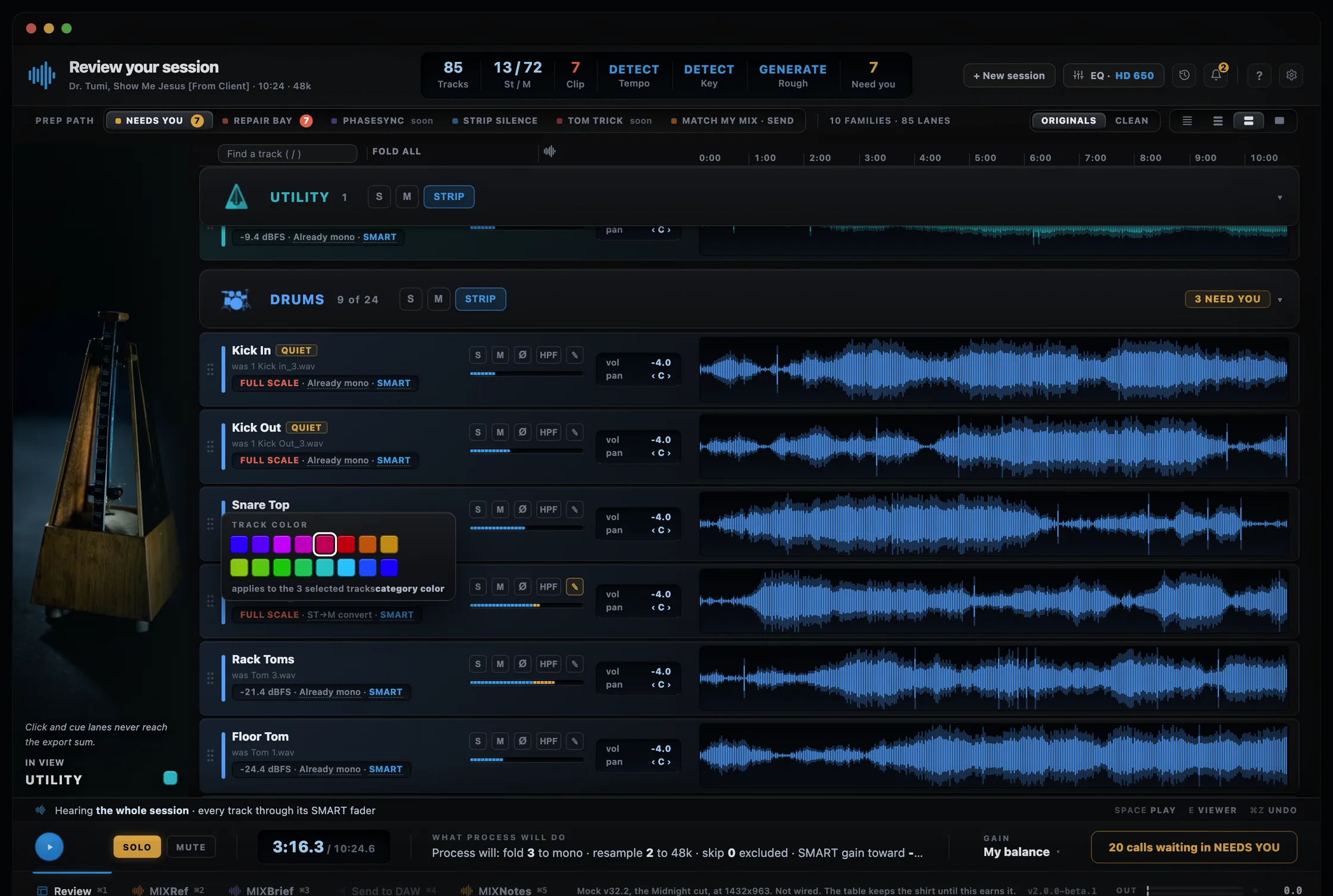 MIXPrep Studio: the Review page as a DAW, every track on its own lane