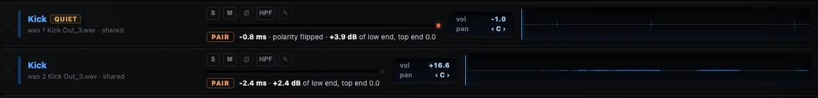 PhaseSync pair rows on the kick mics: minus 0.8 ms, polarity flipped, plus 3.9 dB of low end